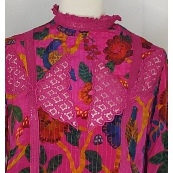 Farm Rio Blouse S Pink Sweet Forest Lace Tropical Floral High Neck Pin - Picture 9 of 15